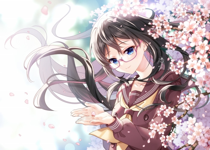 Anime girl with glasses and cherry blossoms