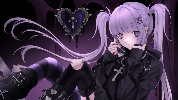 Gothic anime girl with purple hair and pigtails
