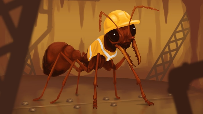Ant wearing hard hat and safety vest in industrial setting