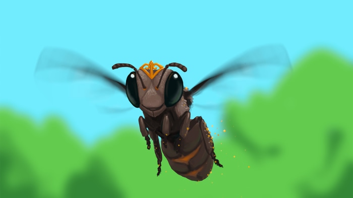 A bee with a crown flying