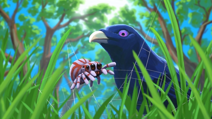 A bird and a spider on a web in the grass