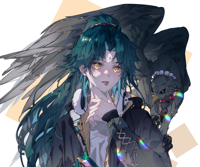 Xiao from Genshin Impact with a bird