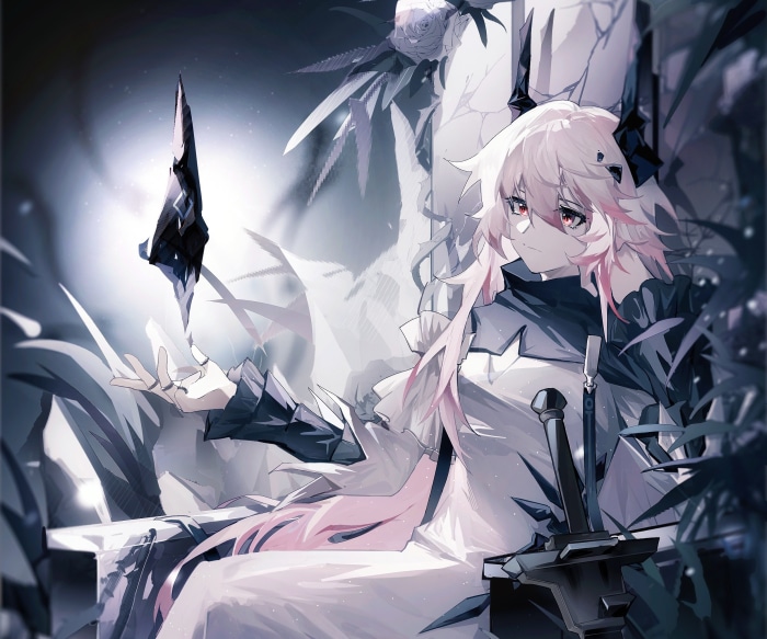 Theresa from Arknights sitting on a throne with a sword