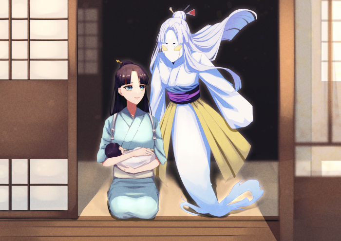 Kyōka Izumi from Bungou Stray Dogs with a baby and a spirit