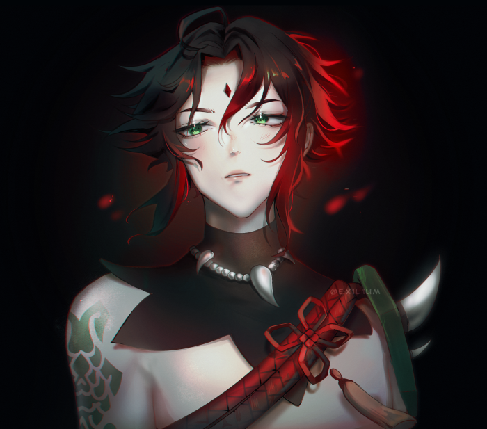 Xiao from Genshin Impact with red accents