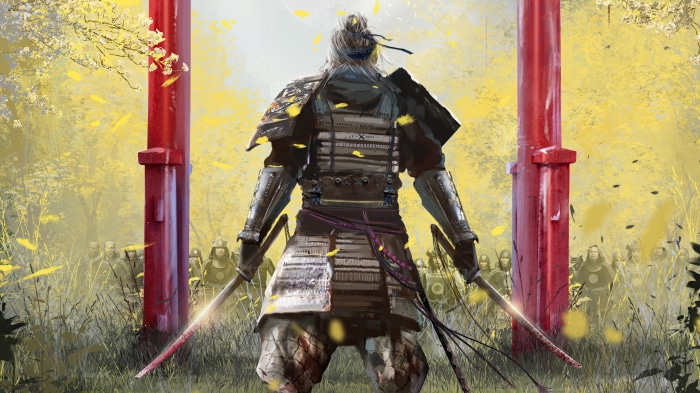 Samurai warrior with glowing swords and army