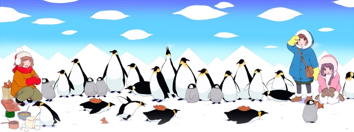 Girls and penguins in a snowy landscape