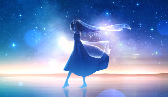 Girl in a blue dress under a starry sky
