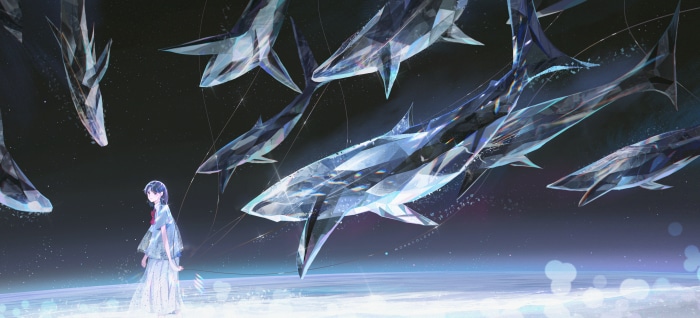 Girl surrounded by crystal sharks 4K