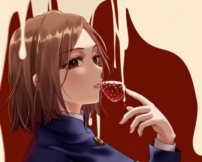 Nobara Kugisaki from Jujutsu Kaisen eating a strawberry