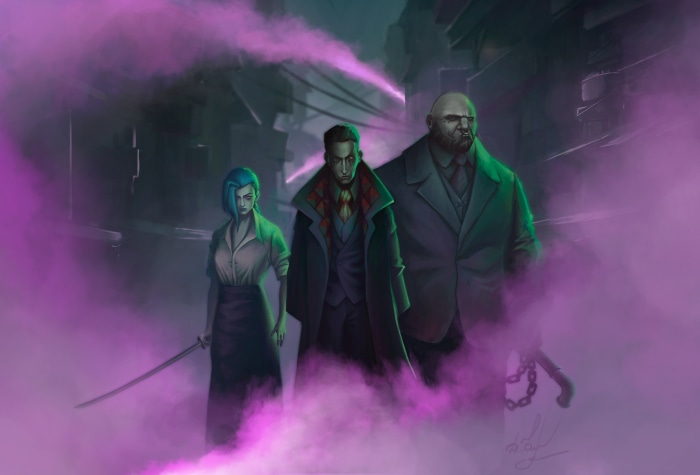 Jinx and Silco from Arcane in purple smoke