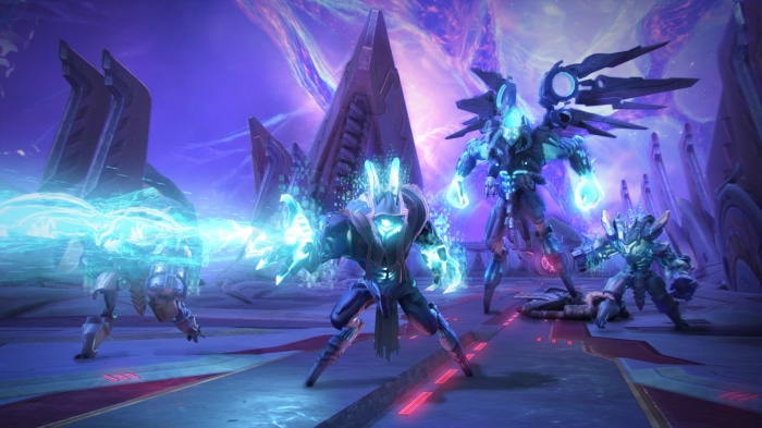 Robots with glowing weapons in a futuristic landscape