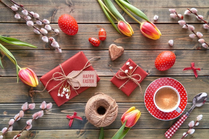Easter still life with tulips and gifts