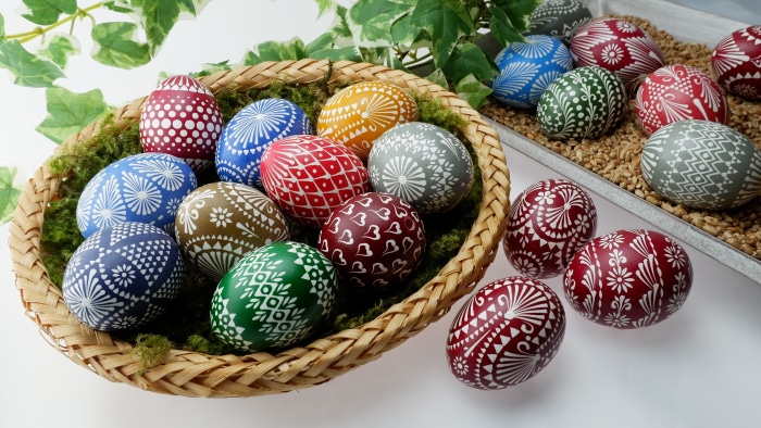 Decorated Easter Eggs in a Basket
