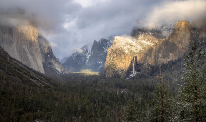 Yosemite National Park Valley with Waterfall and Mountains