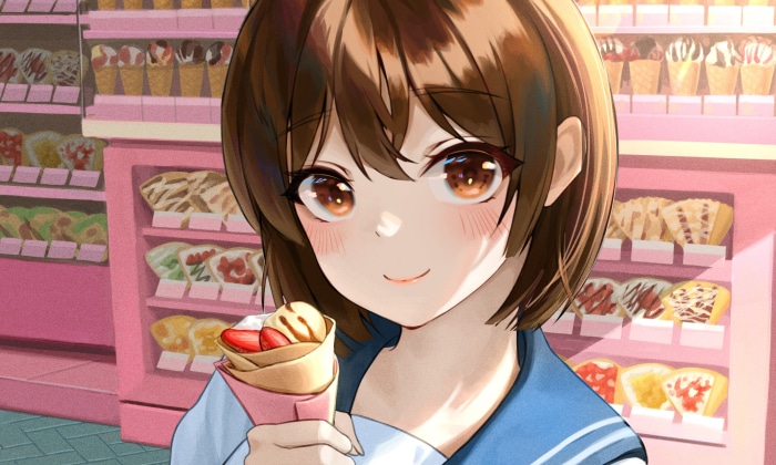 Girl holding a crepe in front of a dessert shop