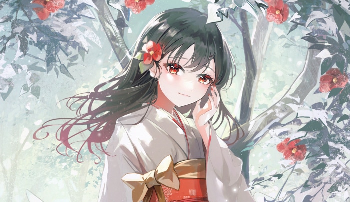 Anime girl in kimono with red flowers