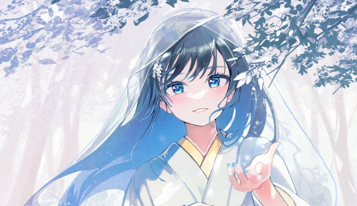Anime girl with blue eyes in white kimono