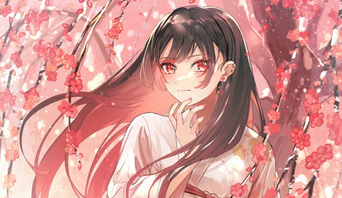 Anime girl with black hair and red eyes