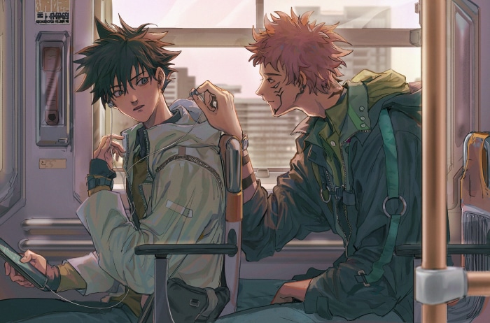 Megumi Fushiguro and Sukuna from Jujutsu Kaisen on a bus
