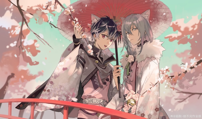 Yuki and Momo from IDOLiSH7 under a cherry blossom tree