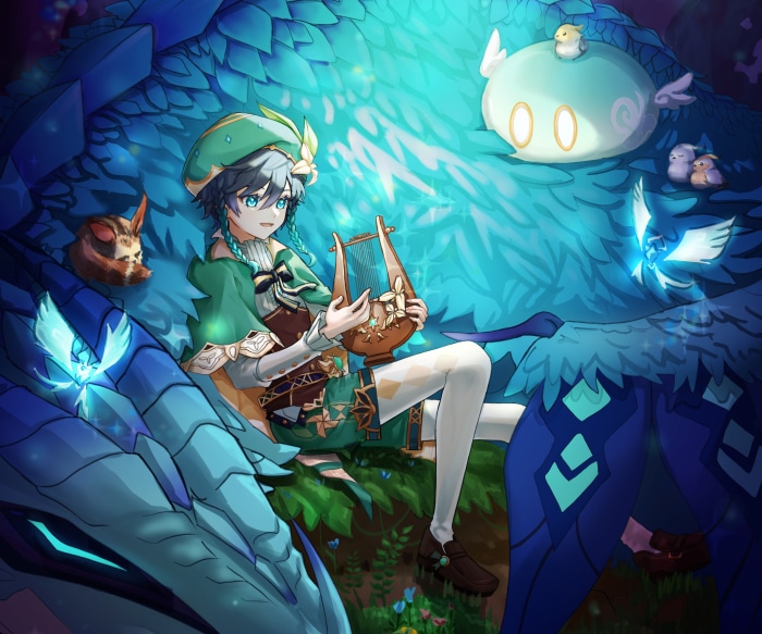 Venti from Genshin Impact playing a lyre with slimes