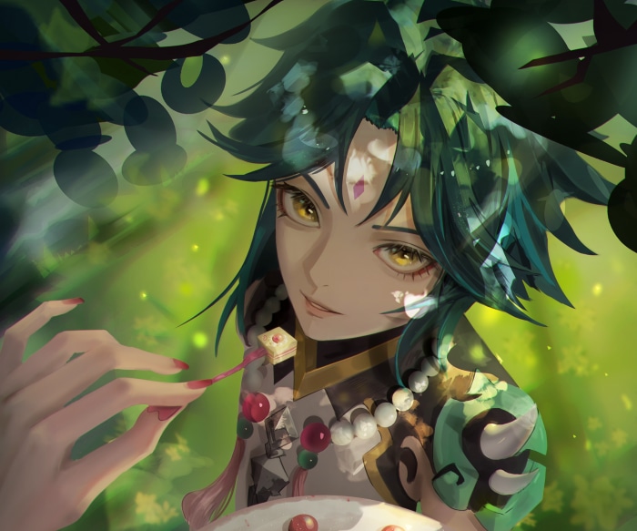 Xiao from Genshin Impact with food