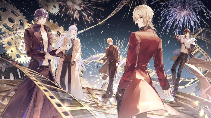 Five men in formal attire with gears and fireworks