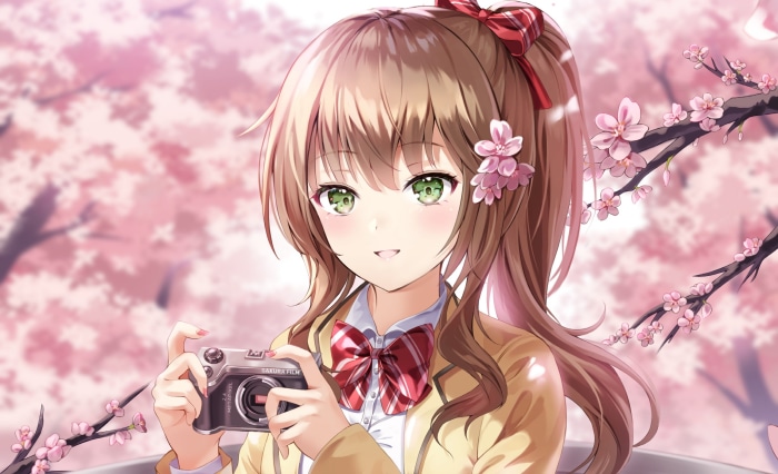 Anime girl with camera and cherry blossoms
