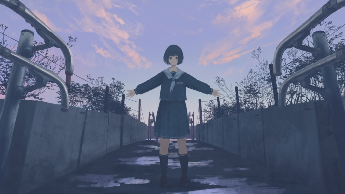 Girl in school uniform on a bridge