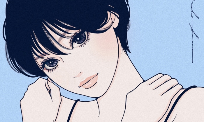 Girl with short black hair and large eyes