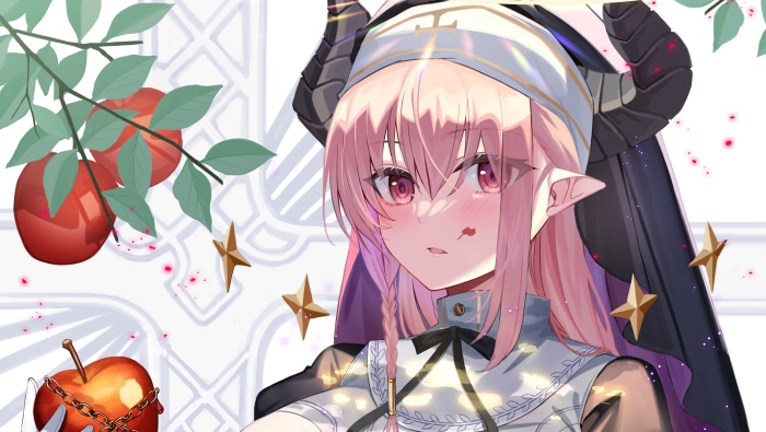 Girl with pink hair and horns holding apples
