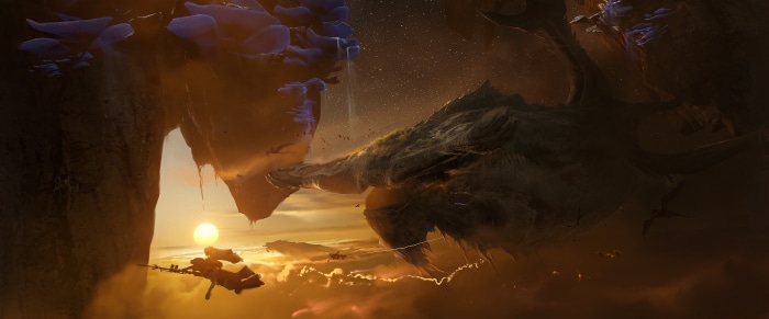 Alien landscape with floating islands and creatures