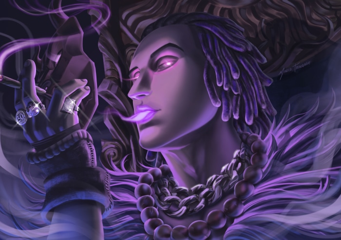 Matuê smoking with purple smoke