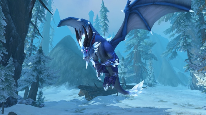 Blue dragon flying in a snowy forest in World of Warcraft: Dragonflight 4K