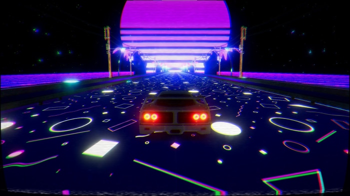 Retro car driving on a neon road at night