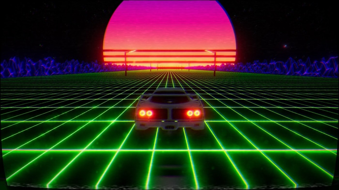 Retro car driving on a neon grid road at sunset