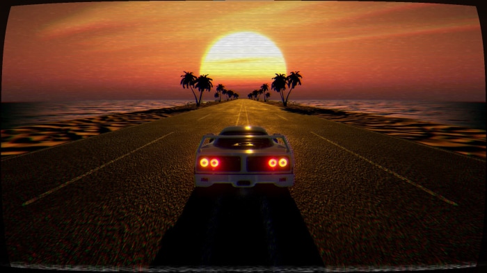 Retro car driving on a road at sunset