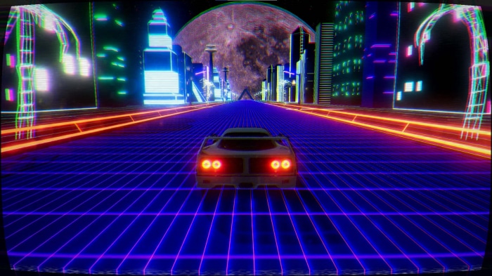 Retrowave car driving on a neon grid road