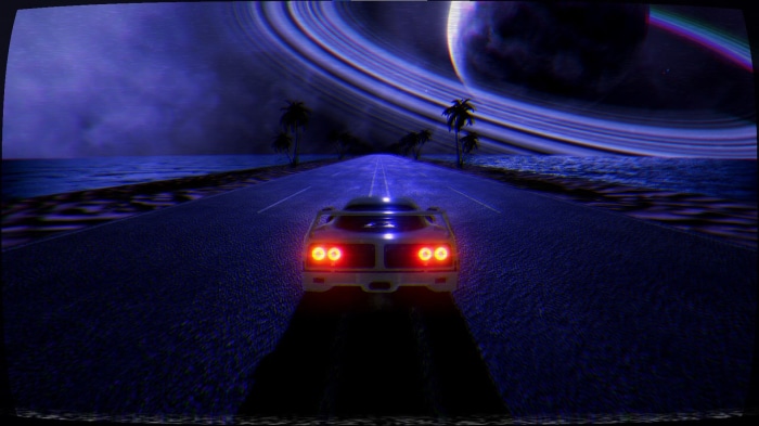 Retro car driving on a road towards a planet