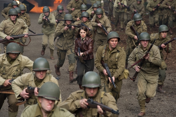 Peggy Carter and soldiers going to war
