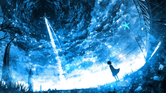 Anime girl looking at a starry sky with futuristic buildings