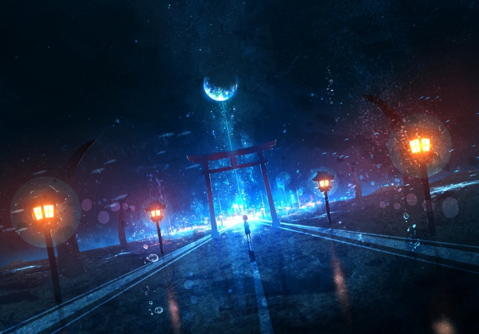 A lone figure walks towards a glowing torii gate under a starry sky