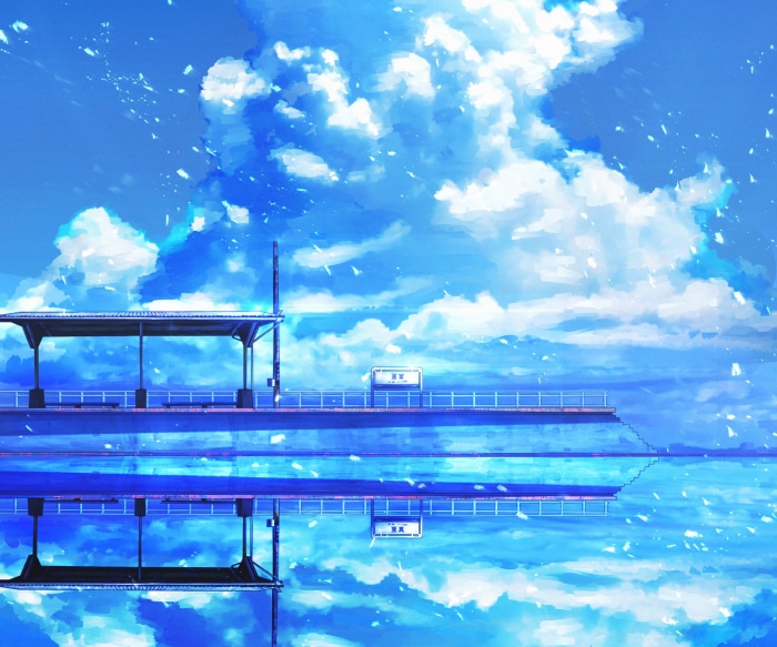 Anime train station platform reflected in water