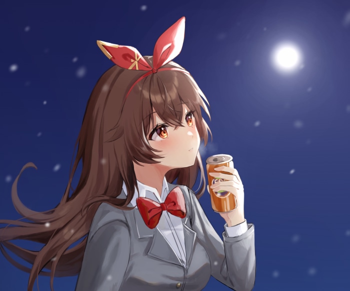 Amber from Genshin Impact drinking from a can