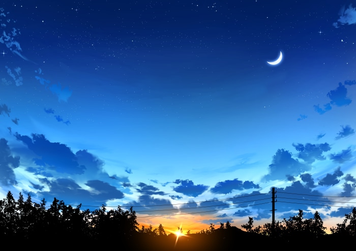 Sunrise with Crescent Moon and Clouds 4K