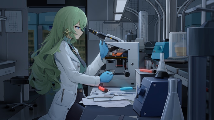 Mobius from Honkai Impact 3rd in a laboratory