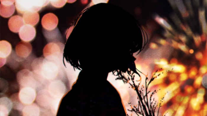 Silhouette of a girl against fireworks