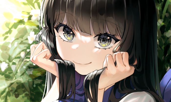 Girl with dark hair and green eyes