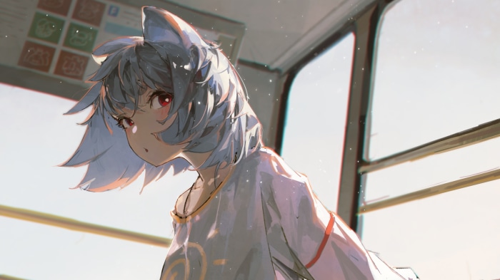 Anime girl with cat ears on a bus